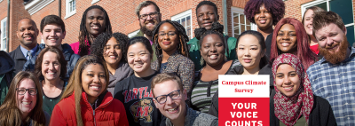 Group of UMD students. Campus Climate Survey Your Voice Counts.   Respect Diversity Inclusion. go.umd.edu/campusclimatesurvey18 January 29-February 8