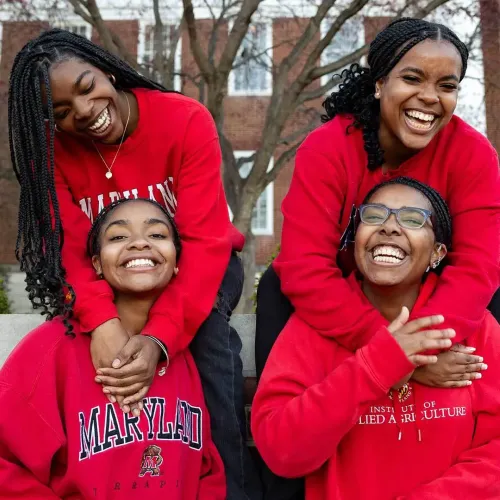 Clockwise from top left: Kamryn Edwards '27, Amira Edwards '25, Britne Edwards '27 and Jade Edwards '24. The two sets of twins are from the same family—and are all attending UMD at the same time.  Photo by Riley N. Sims Ph.D '23