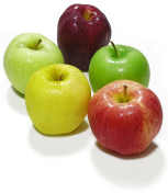 Five apples, red, green and yellow