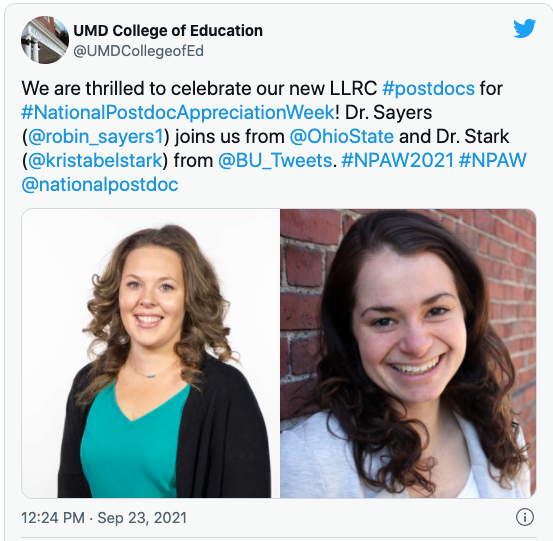 Twitter post from UMD@ college of education showing the faces of two female researchers